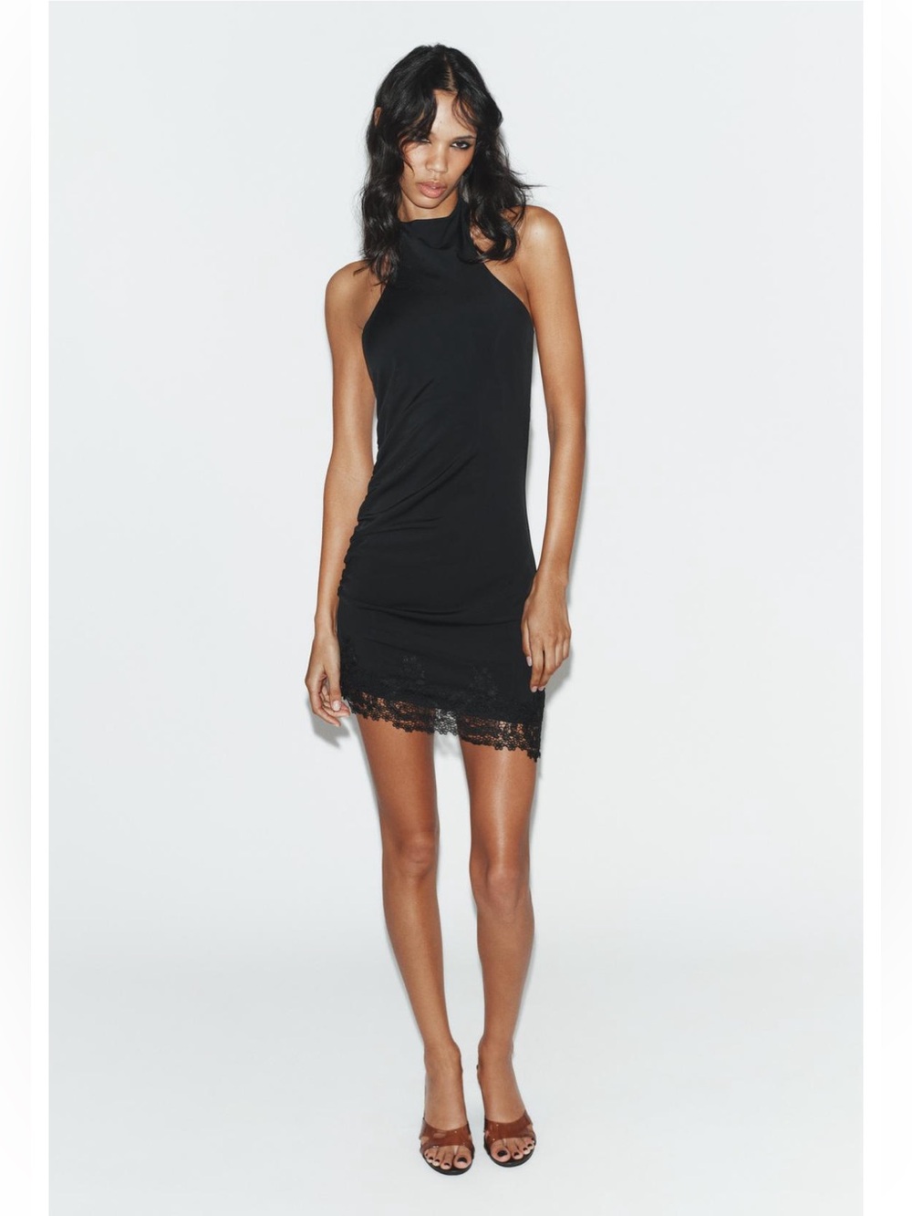 Zara Black Halter Neck Mini Dress with Lace Hem - Picture 1 of 9